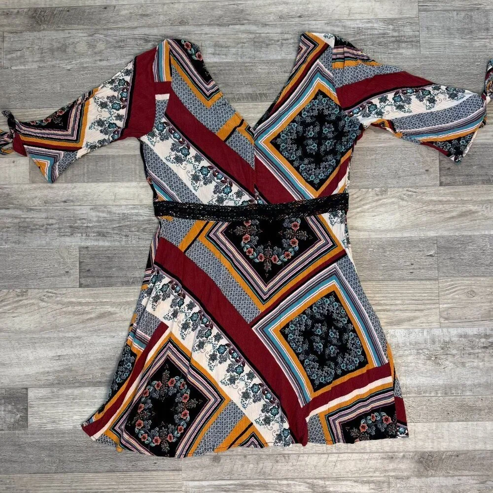 Shyanne Boho Floral Geometric V-Neck Tunic/Short Dress Shoulder Slits H6
